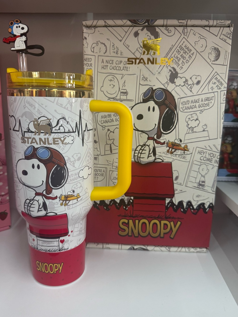 Stanley Snoopy Travel Mug with Yellow Handle and Red Accents